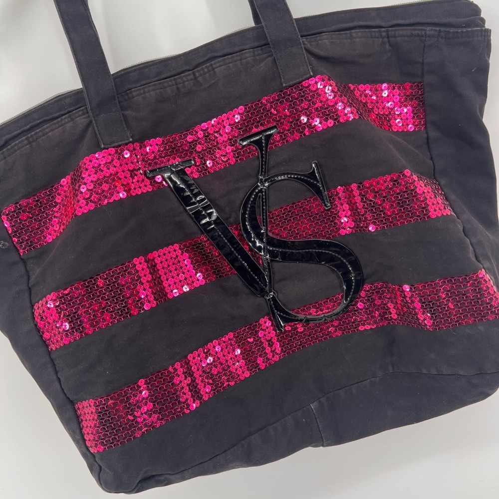 Victoria's Secret VS Tote Bag Women Black Canvas Pink Sequin Stripe Y2K